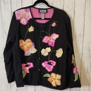 Indigo Moon Embroidered Floral Jacket Top | XL | Boho Black | Lined